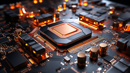 Poster - Closeup hardware background of motherboard. Circuit cpu microchip digital. Concept of technology. Ai generative illustration