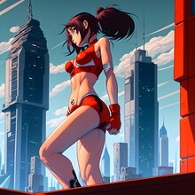 Beautiful Asian Girl Doing Squats On Top Of A Building Skin Tight Red Latex Hd 4k Cheeky Yoga Shorts Anime Style 