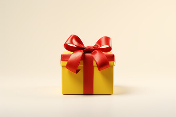 Yellow present box with red ribbon front view. white background