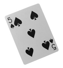 Wall Mural - Flying playing card for poker and gambling, five of spade isolated on white, clipping path
