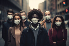 A crowd of people of different nationalities wearing face masks walk down a city street. The image is a powerful reminder of the global pandemic of COVID-19