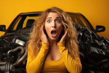 Wall Mural - A woman is in shock after her car engine fails