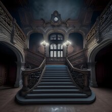 An Ornate Gothic Wrought Iron Grand Staircase In An Abandoned Transilvanian Palace High Resolution Highly Detailed Octane Render Dark Render Photography Cinematic Lighting Art Nouveau Unreal Engine 