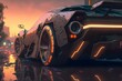 a highly detailed image of a retro cyberpunk supercar with a warm morning background wet reflective road 8k cinematic ghost in the shell fortnite photorealistic intricately detailed 