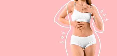 Sticker - Slim young woman after weight loss on pink background with space for text