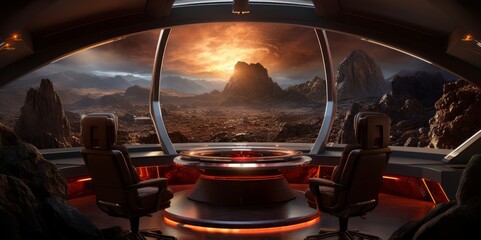 Wall Mural - high-tech interior of a starship with the main screen showing the edge of a fiery rocky planet