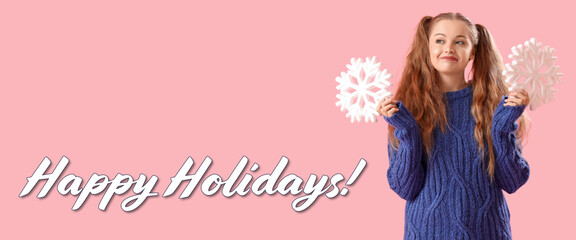 Canvas Print - Beautiful happy young woman with snowflakes and text HAPPY HOLIDAYS on pink background