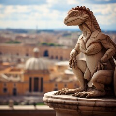 Wall Mural - A figurine of a lizard against the backdrop of a blurred city