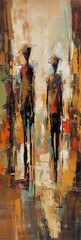 abstract painting of two people walking down the street, rust