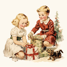 Vintage Children Christmas Illustration Isolated On A White Background (generative AI)