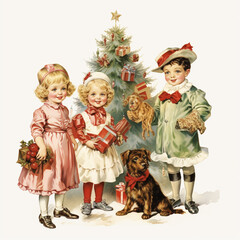 Vintage children christmas illustration isolated on a white background (generative AI)