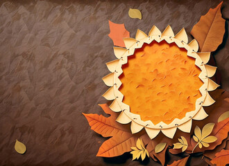 Pumpkin pie and leaves with copy space, in a cut paper collage style. Generative AI
