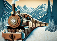 Vintage Train Riding Through Mountains, In A Cut Paper Collage Style. Generative AI

