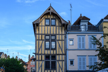 Medieval central part of Troyes old city with half-timbered houses and narrow streets, Champagne, France, tourists destination