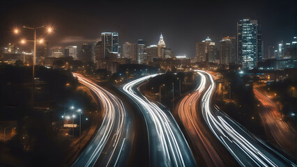 Wall Mural - Aerial view of highway in the city at night. Long exposure