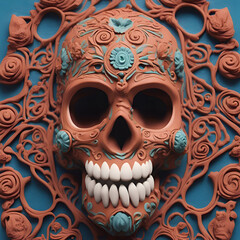 Wall Mural - 3d illustration of orange skull with floral ornament on blue background.