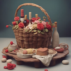 Wall Mural - Wicker basket with wine bottles. roses and macaroons.