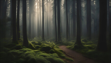 Wall Mural - Mysterious dark forest with fog. 3D Rendering.