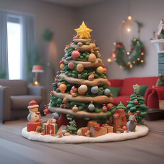 Wall Mural - Christmas tree with gifts and decorations in the living room of the house