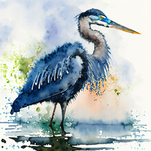 A Great Blue Heron, In A Colorful Watercolor Style. Generative AI

