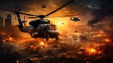 Military Helicopters, Forces And Tanks In Plane In War At Sunset Over Destroyed City. 