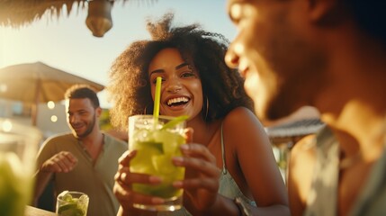 Happy young people toasting mojito drinks at beach cocktail bar - Youth and summertime concept.