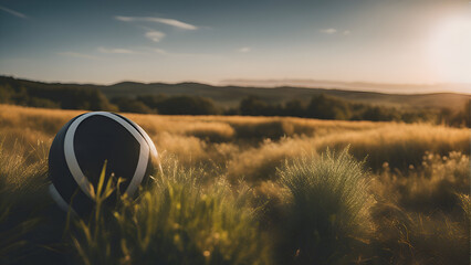 Wall Mural - Bike helmet on top of a hill during sunset in the countryside