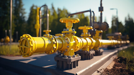 Close-up of Gas tap with outdoor pipeline system near natural gas station. Gas industry, natural gas production. 