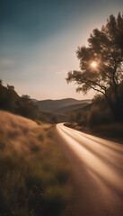 Wall Mural - Sunset in the countryside with long exposure of the road and trees