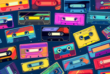 Concept Image From The 90s. Wallpaper Of Colorful, Pop Imaginary Cassette Tapes. Retro And Glamorous 90s Or 80s Concept Art.