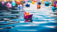Generative AI Illustration Of Colorful Paper Boats Floating On A Vibrant, Painted Water Surface,suitable For Imaginative, Playful, And Creative Themes.