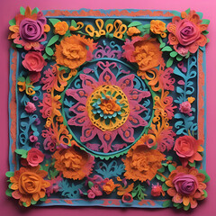 Wall Mural - Colorful paper cut flowers on a blue background. 3D rendering