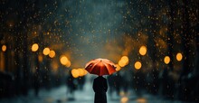 Lonely Woman With An Umbrella In A Night Park Under The Light Of Lanterns, Autumn Rainy Mood