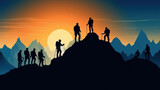 Fototapeta Konie - silhouettes of people tourists climbing rocks and mountains. concept of teamwork and support