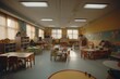 © Margo_Alexa - inside a classroom with chairs, benches and toys on tables, preschool classroom