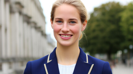 Wall Mural - Smiling woman wearing a blue blazer with gold trim and a white shirt, street with trees and buildings, portrait, blonde hair