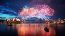 New Year's Eve Fireworks In Australia, Reflections In The Water And A Back In The Middle
