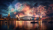 Huge New Year's Eve fireworks over a bridge