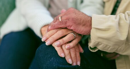 Sticker - Senior couple, holding hands and support with empathy, kindness and care in a home. Retirement, marriage hope and elderly people together with trust and love for healing and helping in a house