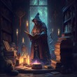 a wizard enchanting a sword on a stone alter with magic candles lighting the dark room magical implements on shelves with books 