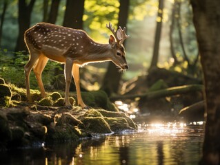 a deer standing on a rock near water