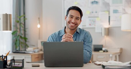 Fototapete - Face, business and man with a laptop, smile and connection with a startup, employee and entrepreneur. Portrait, person and consultant with a pc, email and happy with website information and internet