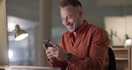 Leinwandbilder - Employee, night and man with a smartphone, smile and typing with digital app, connection and search internet. Person, consultant and worker with website information evening and cellphone with contact