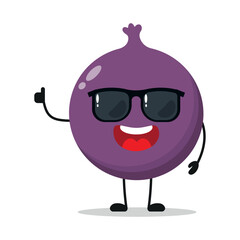 Sticker - Cute happy fig character wear sunglasses. Funny fruit greet friend cartoon emoticon in flat style. closet vector illustration