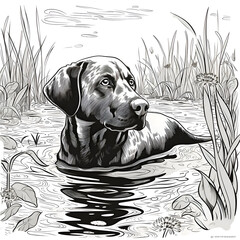 Wall Mural - Labrador Retriever in the water. Black and white vector illustration.