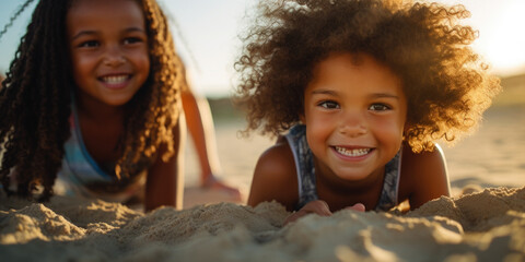 Kids playing at the beach in the sand and water, building sand castles, with short aperture focus — Children's portrait with sunshine and holiday vibes