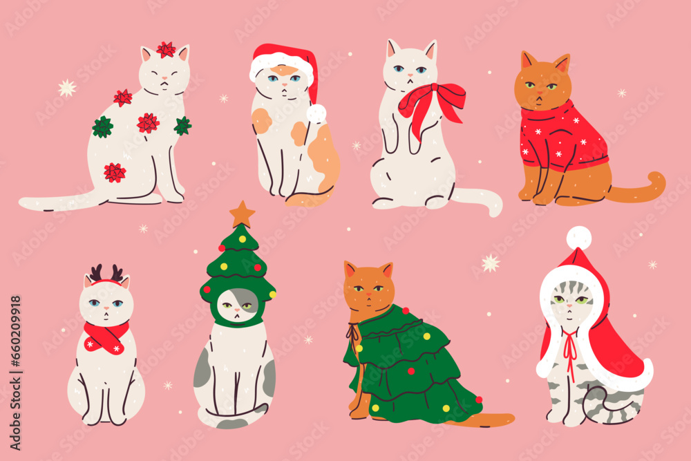 Set of cute cats in Christmas clothes. Vector graphics. Stock Vector ...