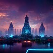futuristic Atlantis cyberpunk City merged with ancient city like Angkor Wat or Luxor tropical environment rivers and waterfalls temples skyscrapers neon lights streets photorealistic 3D render 
