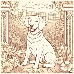 Wall Mural - Vector image of a dog sitting on a background of flowers and frame