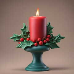 Wall Mural - Christmas candle with holly leaves and berries. 3D illustration.